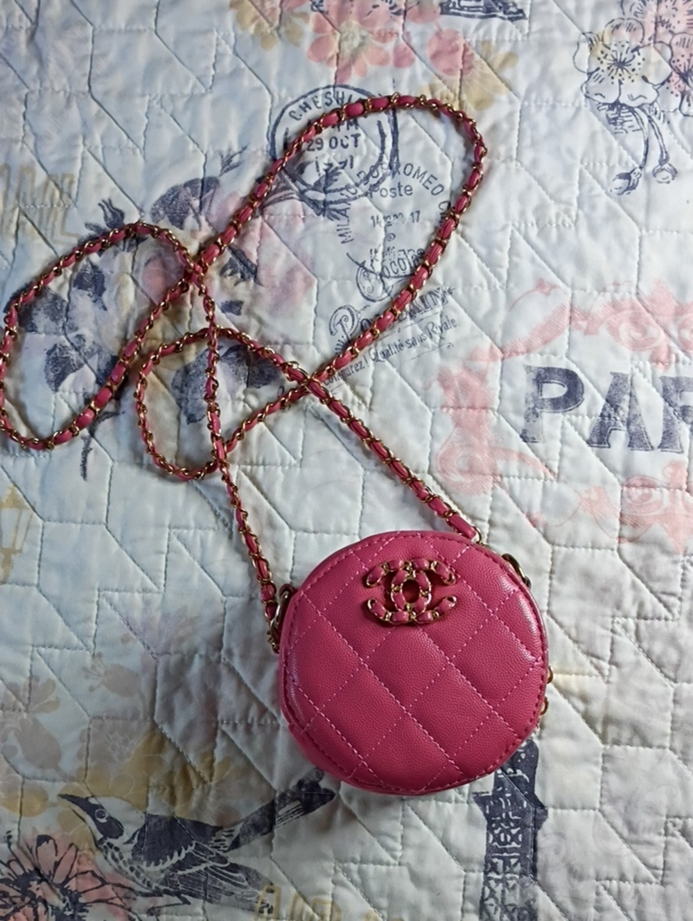 Desighner Inspired Pink Quilted Round Mini Crossbody with Gold Chain